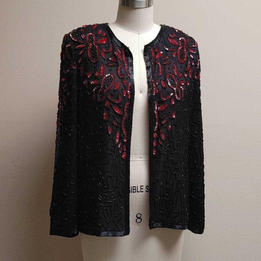 AP Ltd Black Silk Beaded w Red Sequins Top Size M - Picture 12 of 15